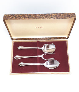Silver Plated EmEss Plate Serving Set – Jam Spoon, Sugar Spoon & Cheese / Pickle Fork - Jesmond Handle Design