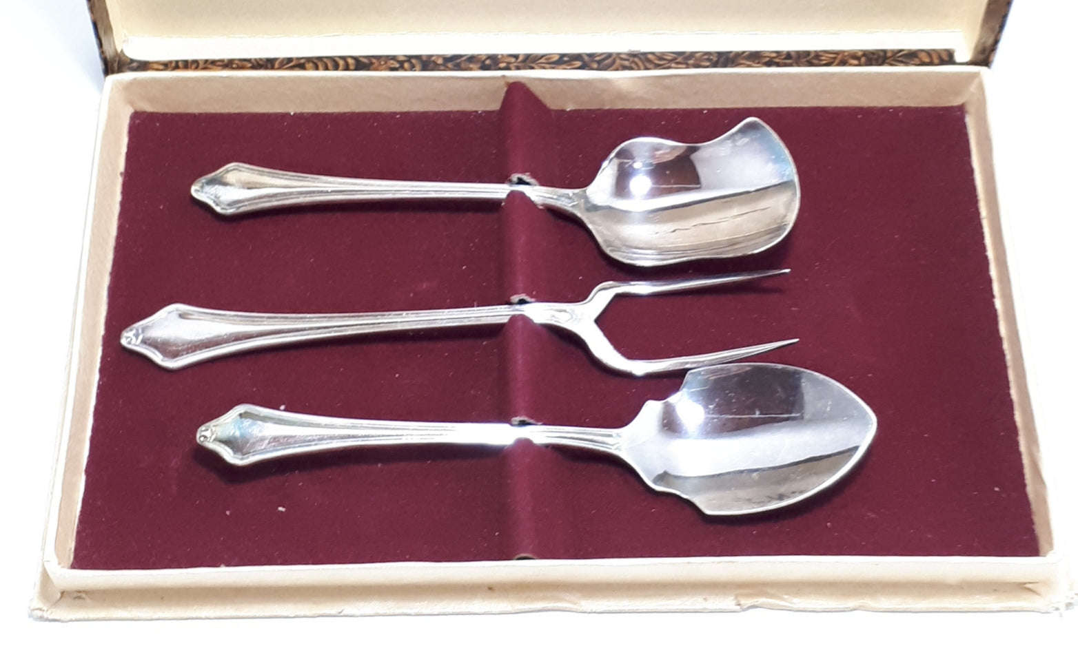 Silver Plated EmEss Plate Serving Set – Jam Spoon, Sugar Spoon & Cheese / Pickle Fork - Jesmond Handle Design