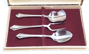 Silver Plated EmEss Plate Serving Set – Jam Spoon, Sugar Spoon & Cheese / Pickle Fork - Jesmond Handle Design
