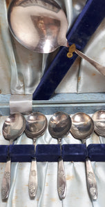 1960’s Set Of 6 Silver Plated Priestly & Moore, Sheffield, Dessert Spoons With Server Spoon – Bouquet Handle Design
