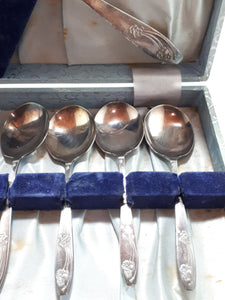 1960’s Set Of 6 Silver Plated Priestly & Moore, Sheffield, Dessert Spoons With Server Spoon – Bouquet Handle Design