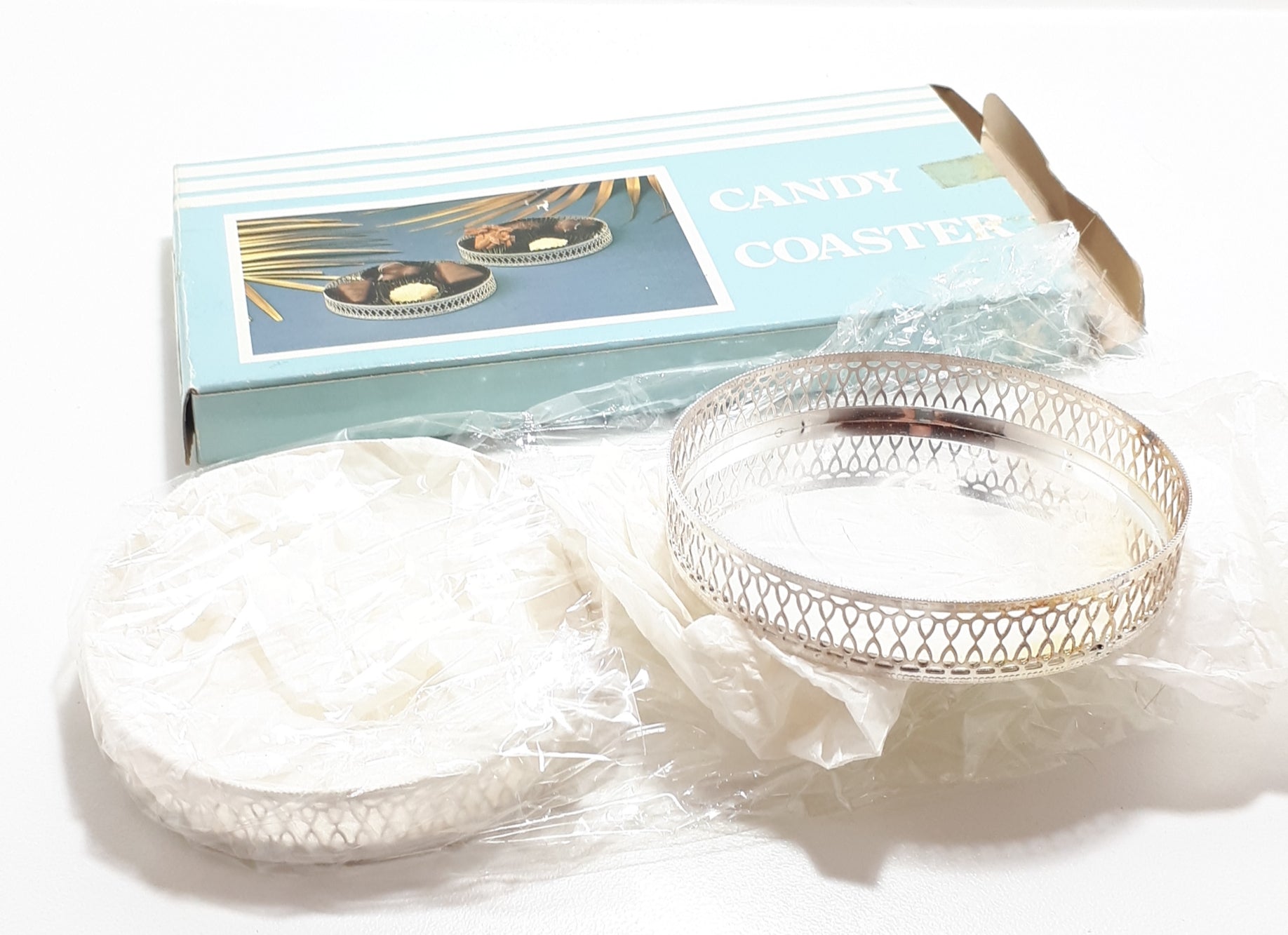 Boxed Set Of Two Delicate Silver Plated Candy Coasters – Original Box & Wrapping