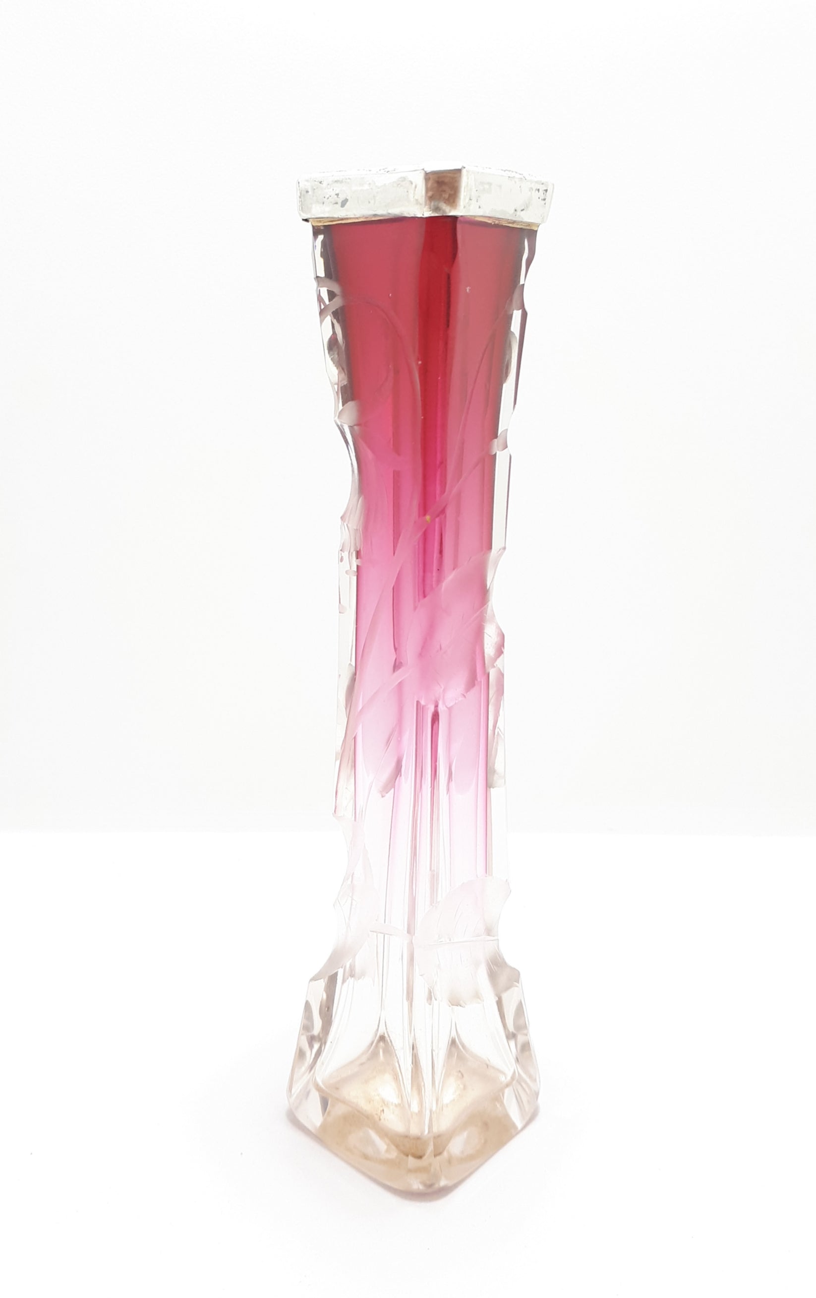 One Of A Kind Cerise & Clear Glass Art Nouveau Bud Vase With Silver Plated Rim