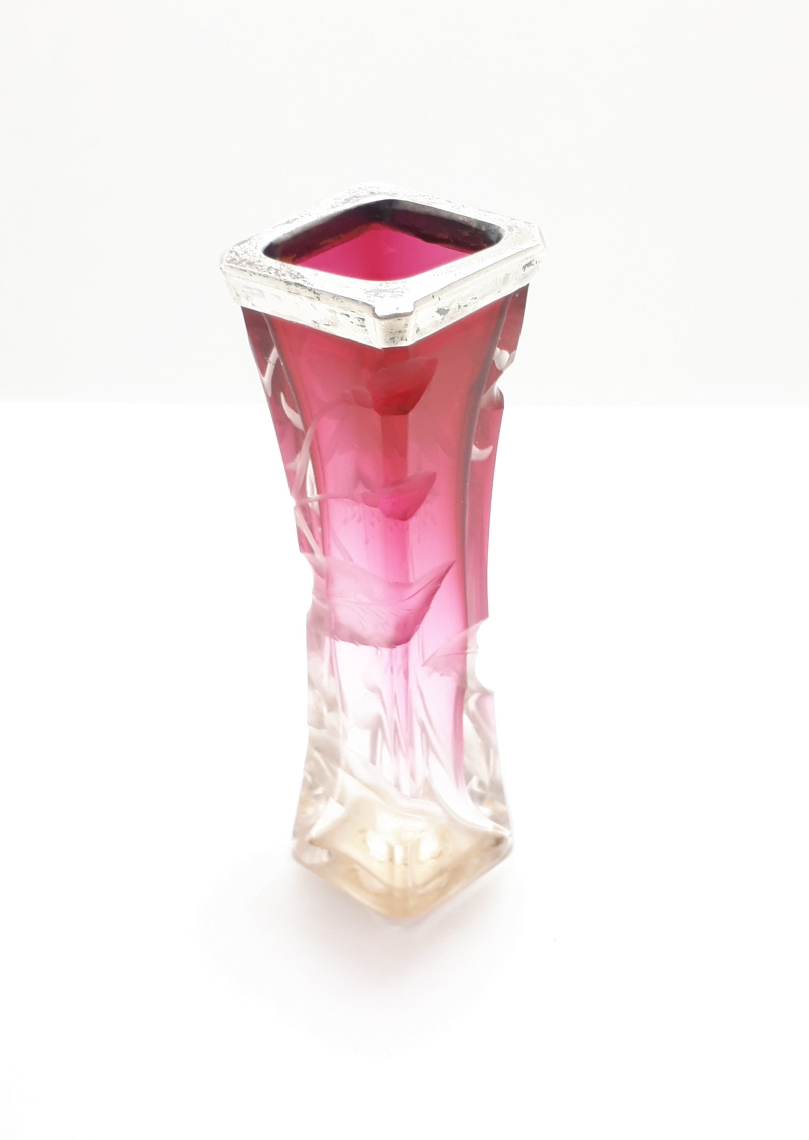 One Of A Kind Cerise & Clear Glass Art Nouveau Bud Vase With Silver Plated Rim