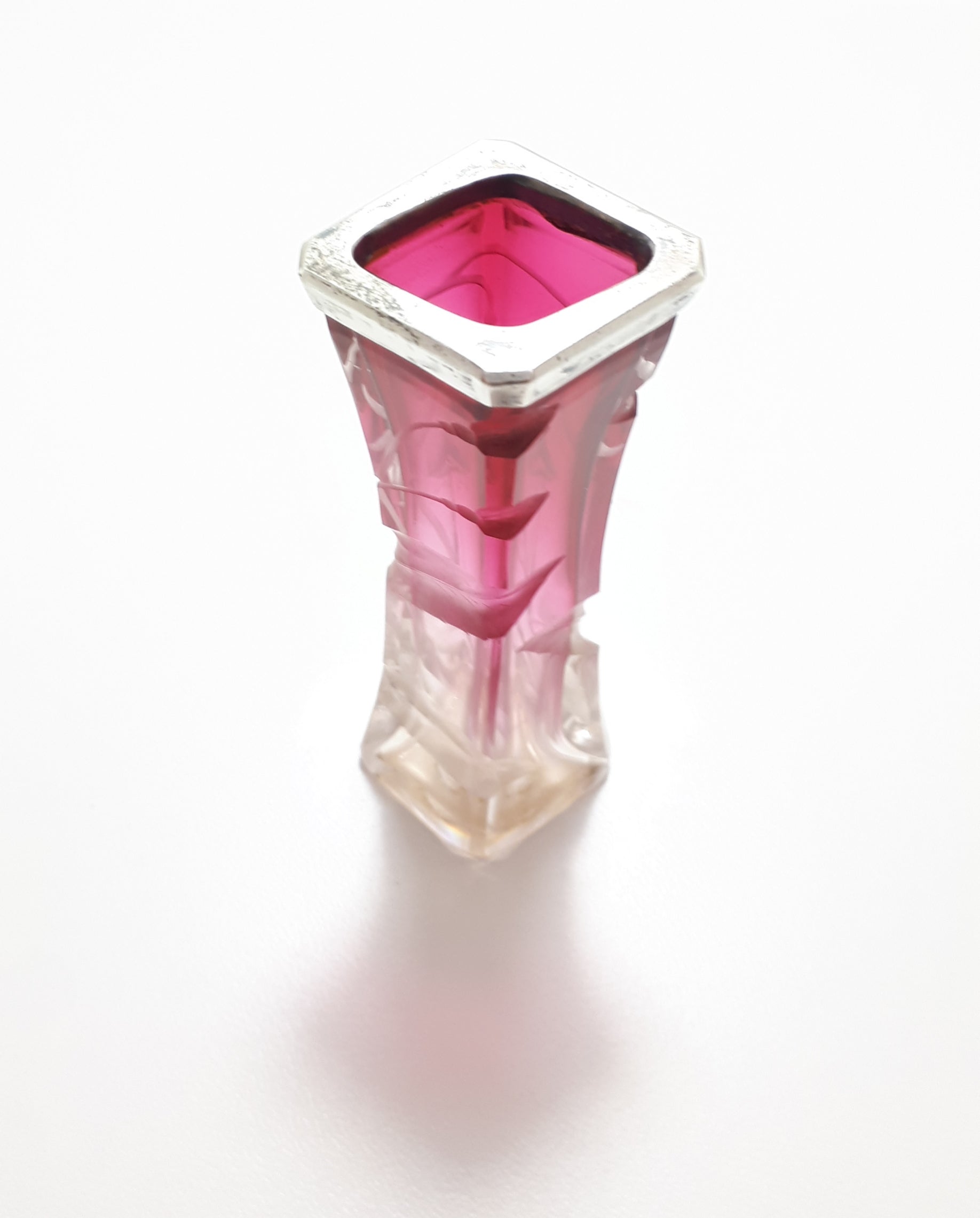 One Of A Kind Cerise & Clear Glass Art Nouveau Bud Vase With Silver Plated Rim