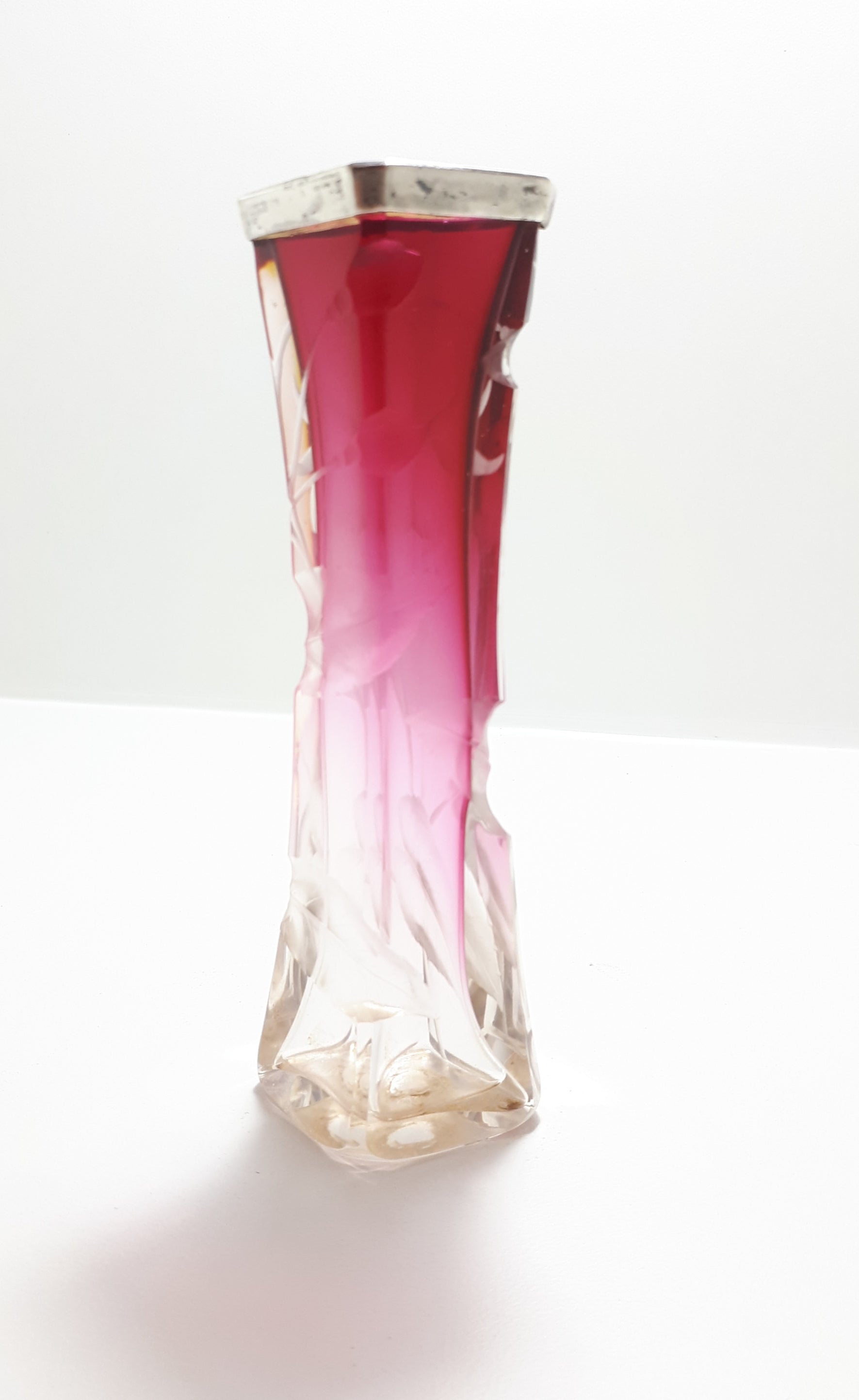 One Of A Kind Cerise & Clear Glass Art Nouveau Bud Vase With Silver Plated Rim