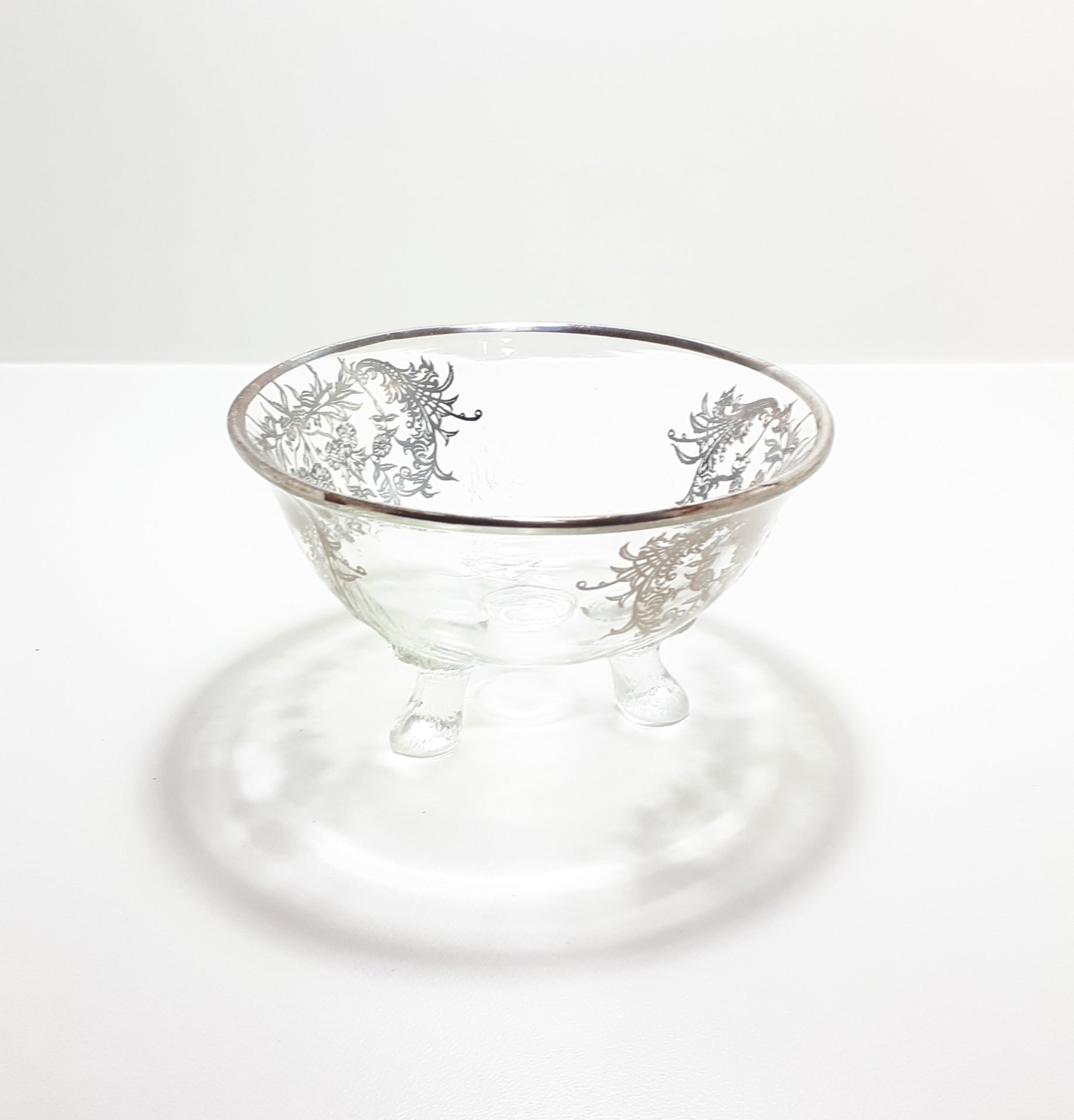Three Footed Glass Bowl (Possibly 1920’s) With Silver Inlay and Rim