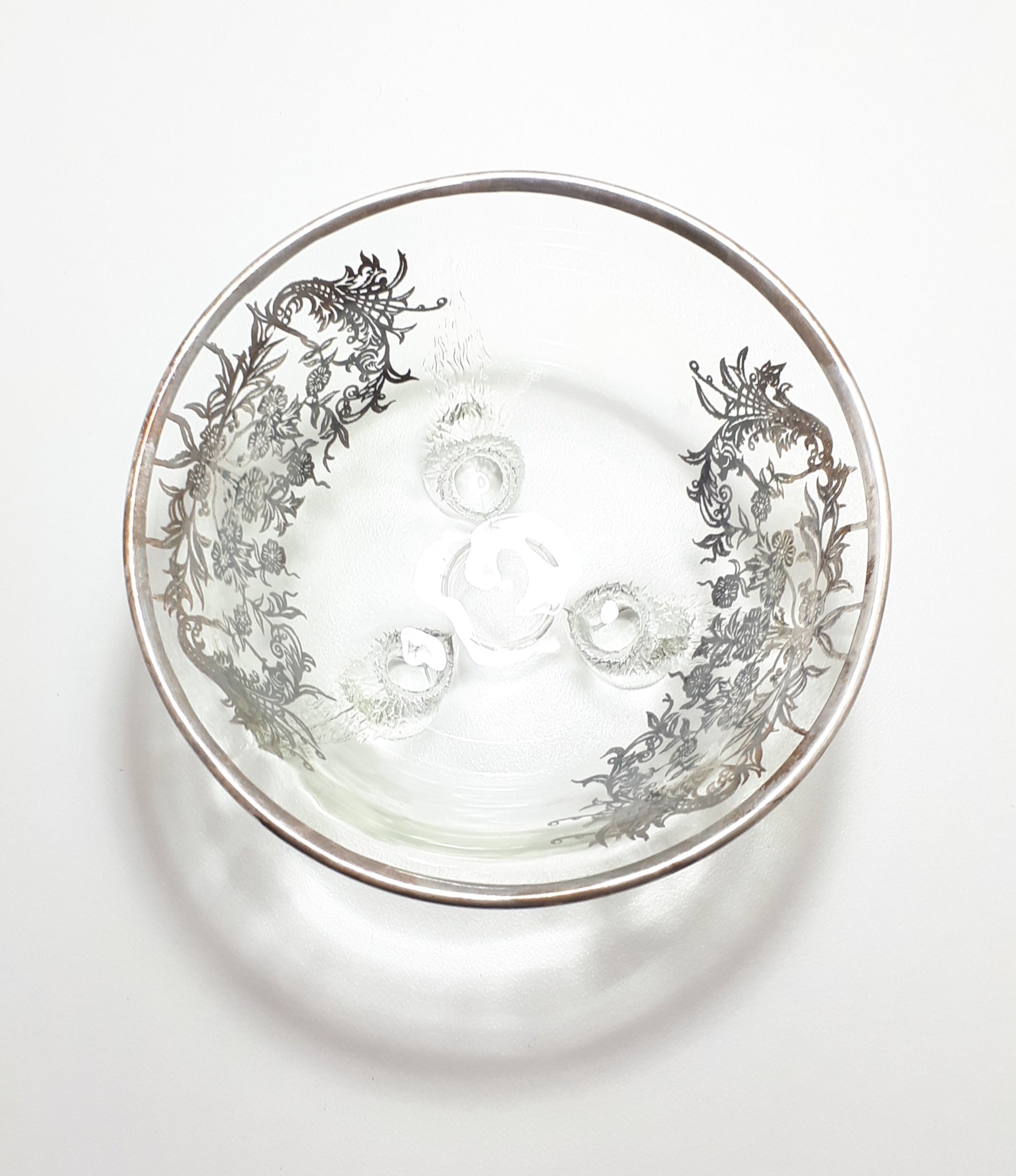 Three Footed Glass Bowl (Possibly 1920’s) With Silver Inlay and Rim