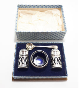 Edwardian Style Silver Plated Cruet Set In Original Presentation Box – Cobalt Glass Liners