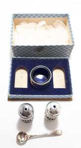 Edwardian Style Silver Plated Cruet Set In Original Presentation Box – Cobalt Glass Liners