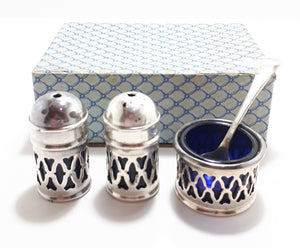 Edwardian Style Silver Plated Cruet Set In Original Presentation Box – Cobalt Glass Liners