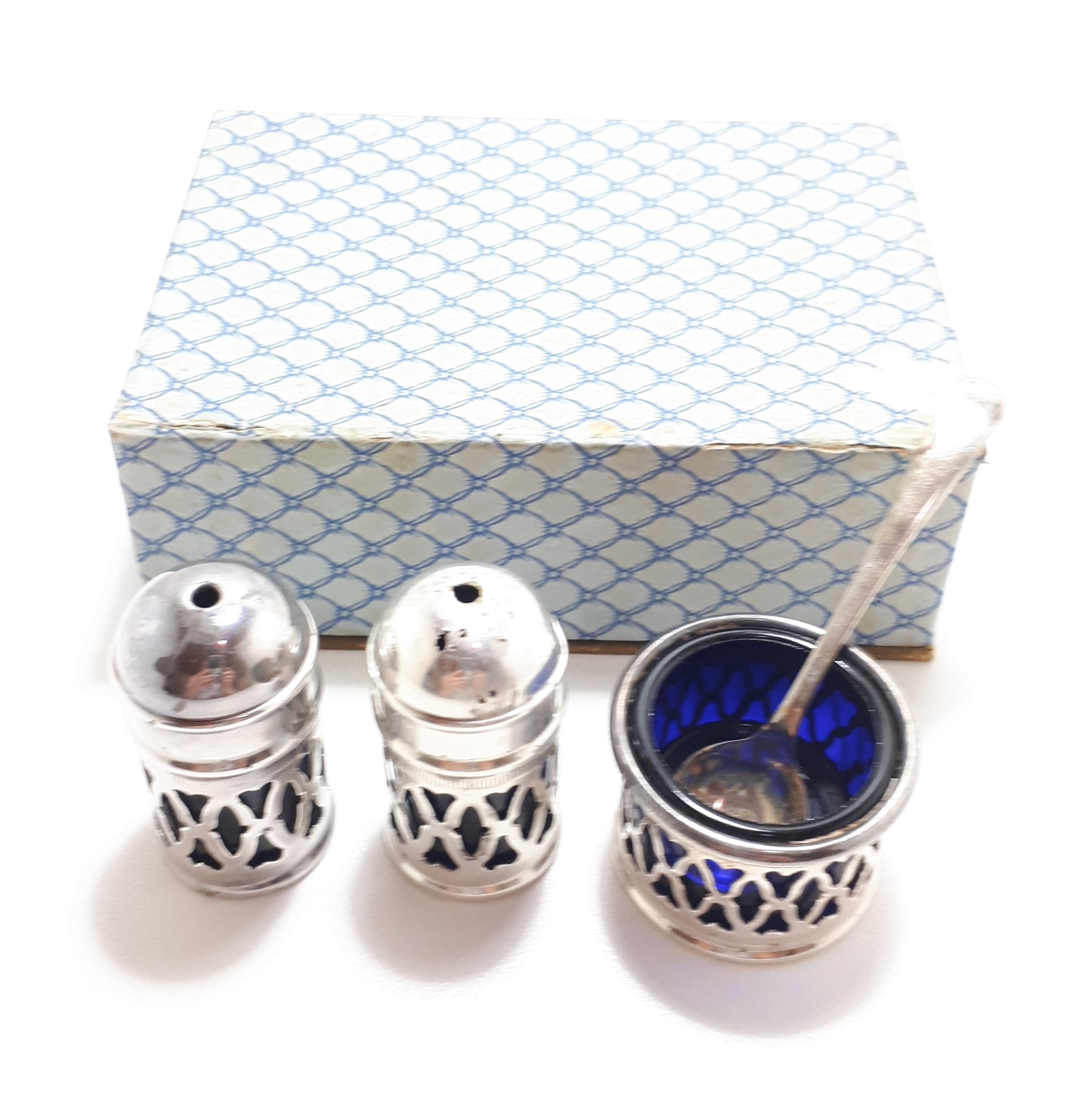 Edwardian Style Silver Plated Cruet Set In Original Presentation Box – Cobalt Glass Liners