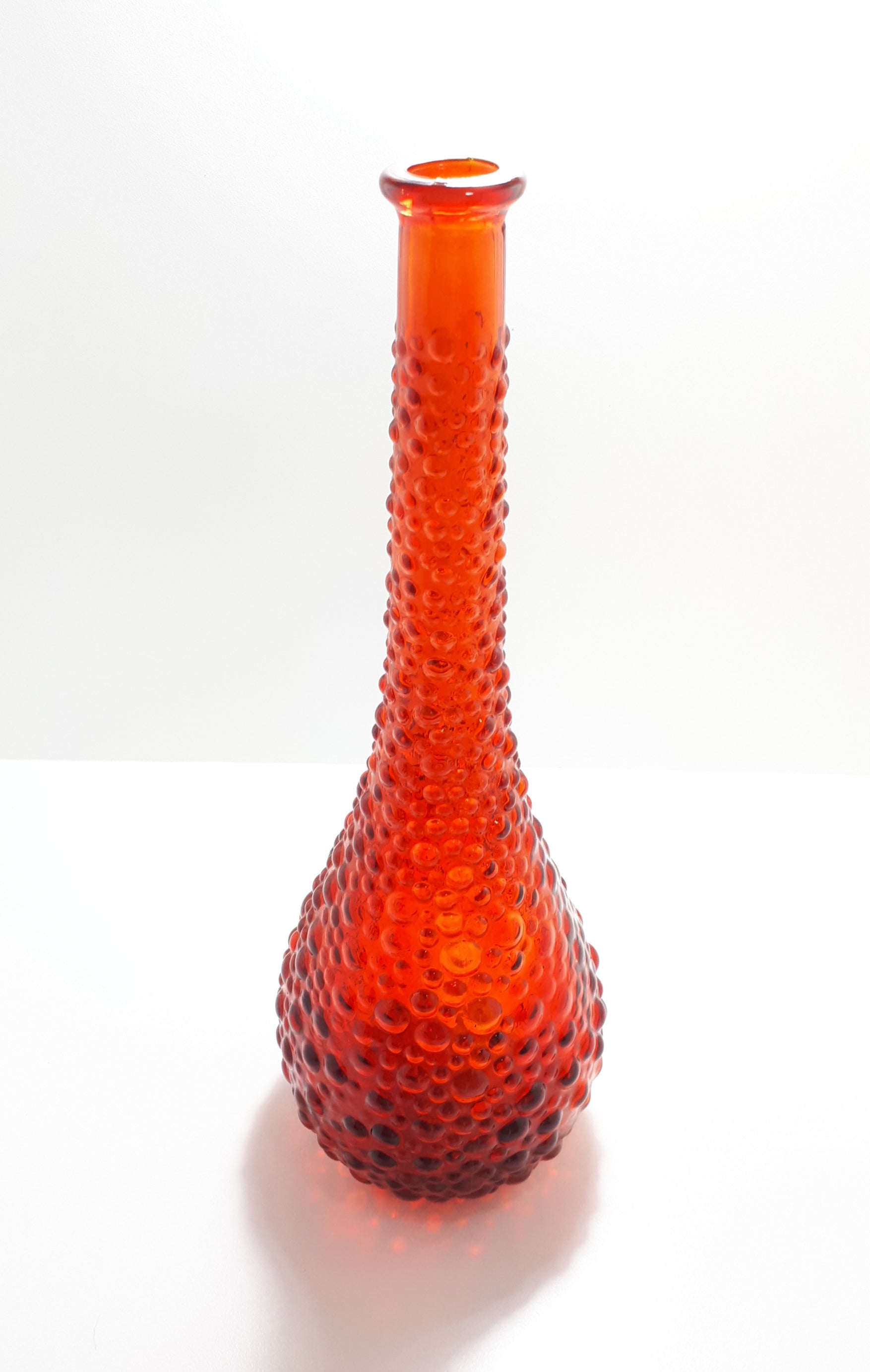 Italian Empoli Art Glass Fire Red Genie Bottle With Hobnail Design