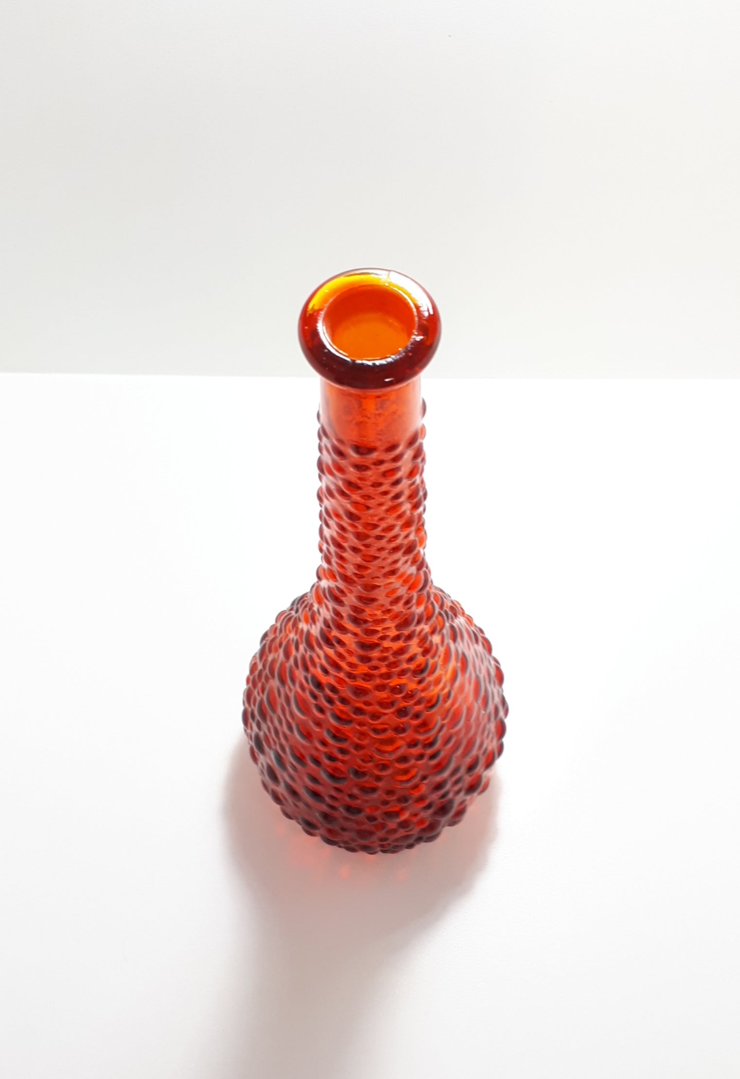 Italian Empoli Art Glass Fire Red Genie Bottle With Hobnail Design
