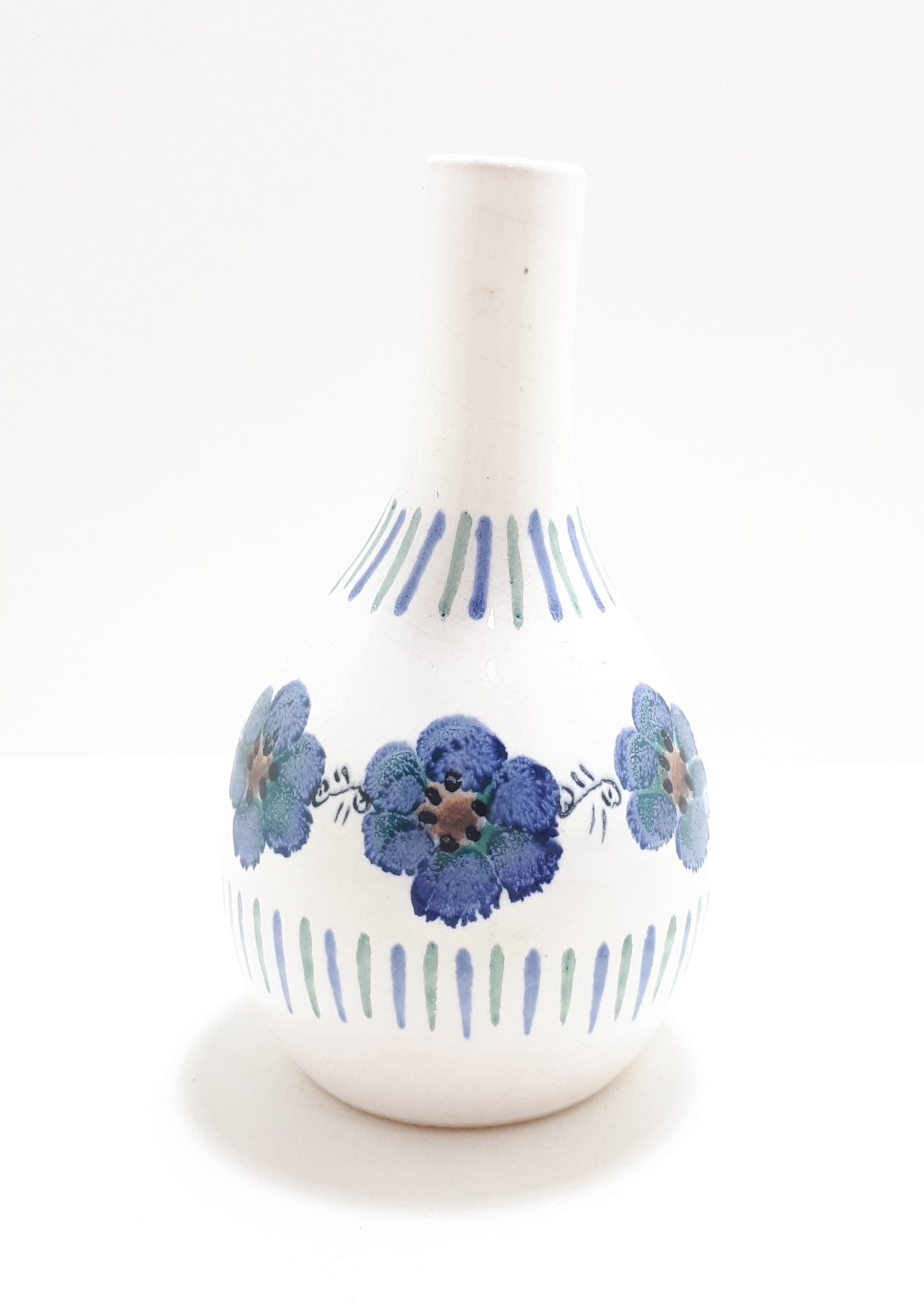 Hand Thrown & Hand Decorated (Underglaze) Studio Art Pottery White & Blue Decorative Bud Vase