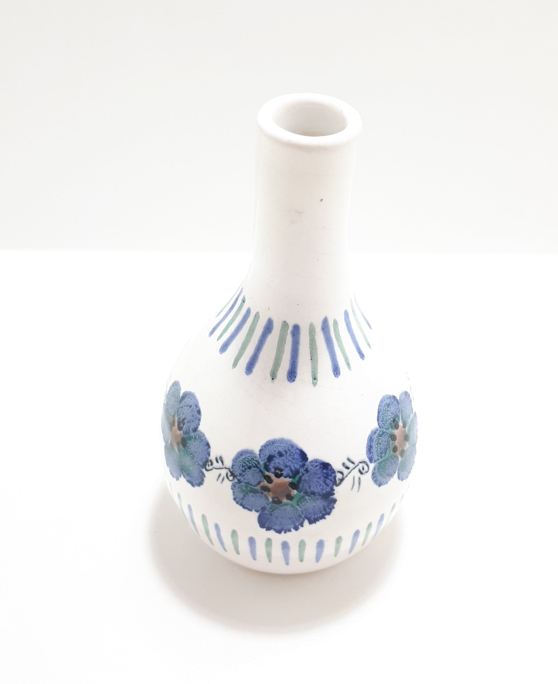 Hand Thrown & Hand Decorated (Underglaze) Studio Art Pottery White & Blue Decorative Bud Vase