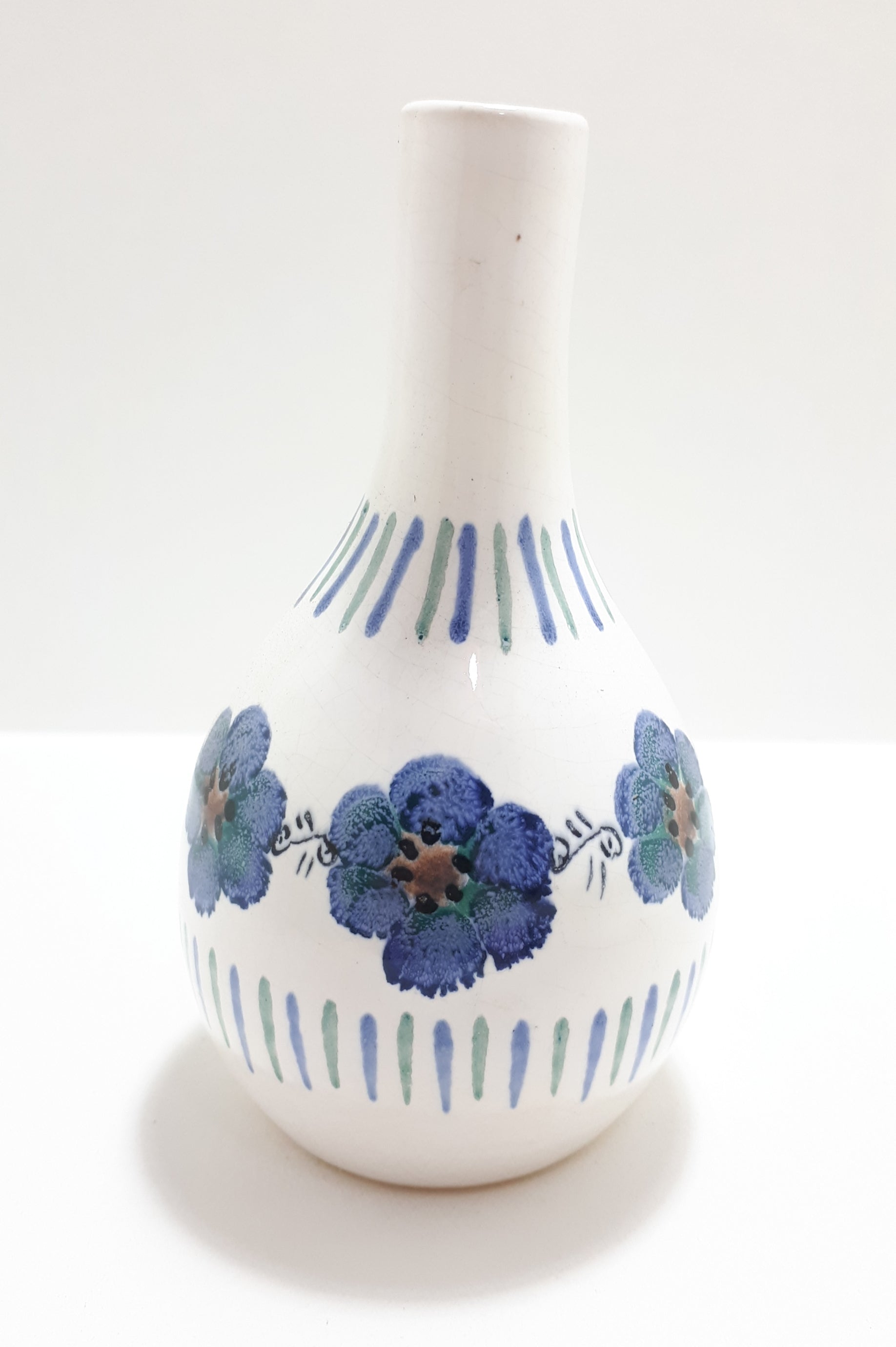 Hand Thrown & Hand Decorated (Underglaze) Studio Art Pottery White & Blue Decorative Bud Vase
