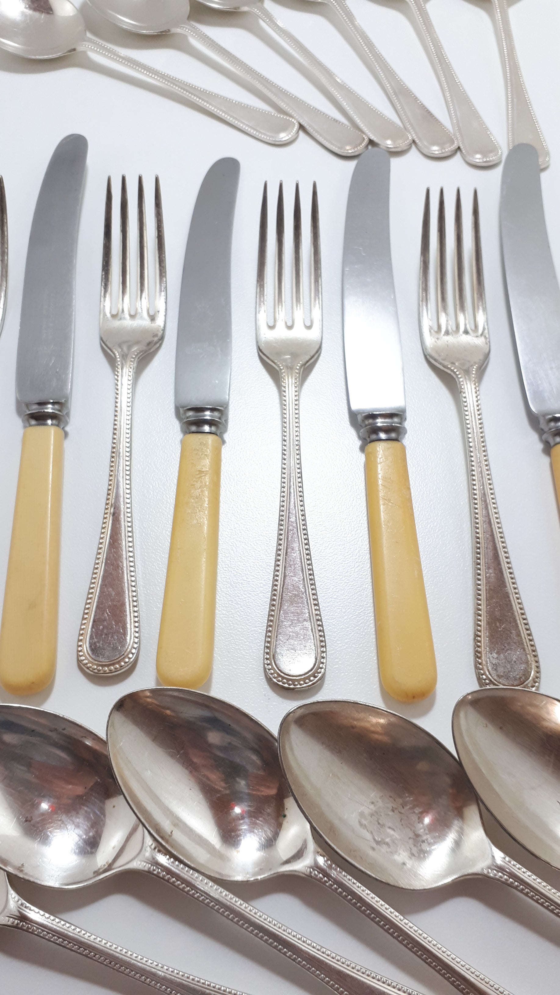 24 Piece Assembled Cutlery Set Sheffield A1 Spoons & Forks – Beaded Design & Faux Bone Handle Knives – Different Cutlers