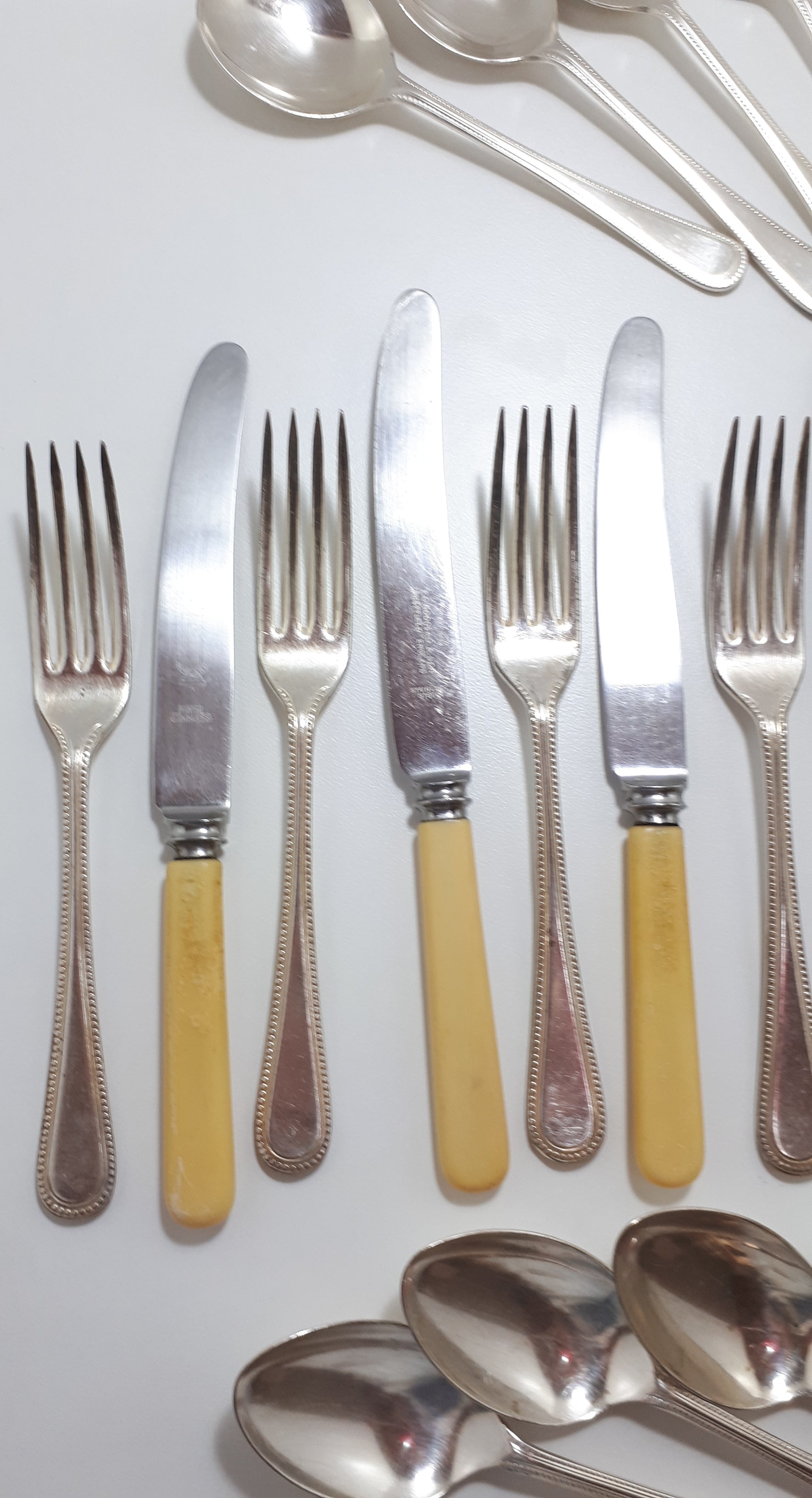 24 Piece Assembled Cutlery Set Sheffield A1 Spoons & Forks – Beaded Design & Faux Bone Handle Knives – Different Cutlers