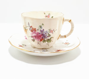 Rare Wartime Production Royal Crown Derby Fine Porcelain Tea Duo – 1940 – 1945 Green Back Stamp – Derby Posies Pattern