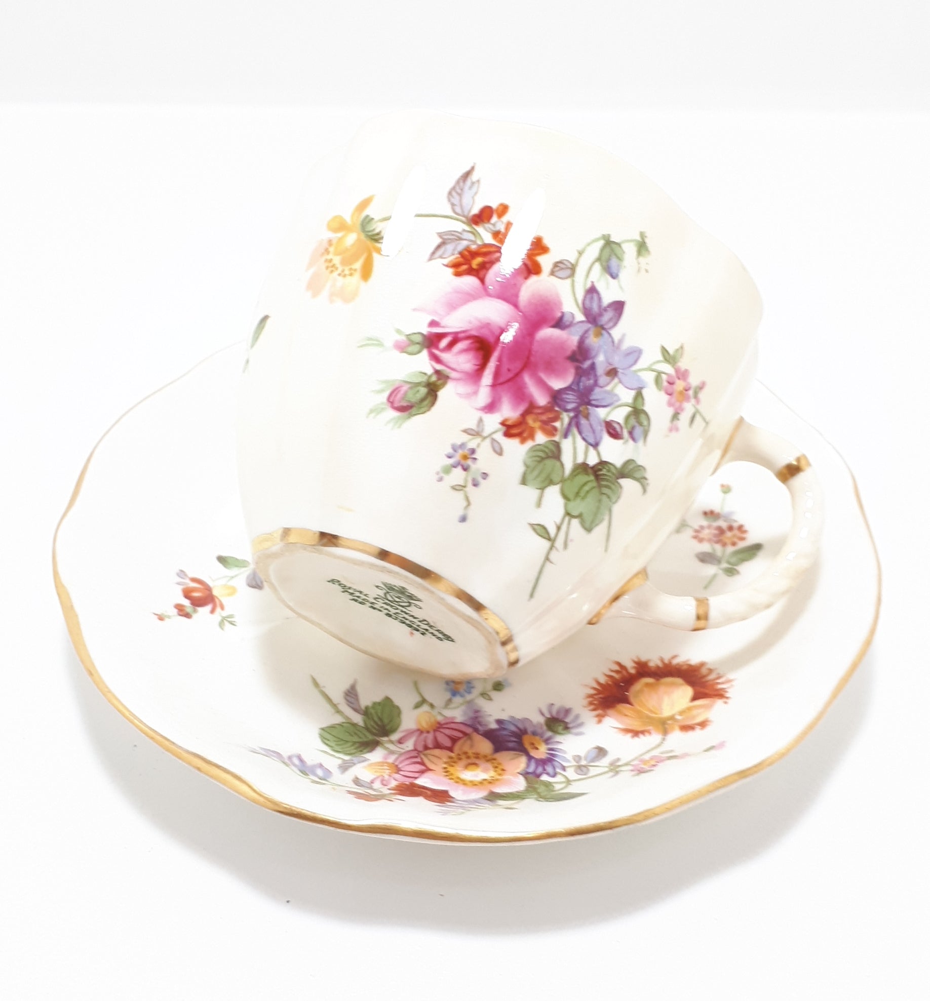 Rare Wartime Production Royal Crown Derby Fine Porcelain Tea Duo – 1940 – 1945 Green Back Stamp – Derby Posies Pattern