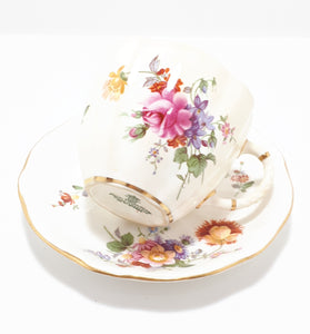 Rare Wartime Production Royal Crown Derby Fine Porcelain Tea Duo – 1940 – 1945 Green Back Stamp – Derby Posies Pattern