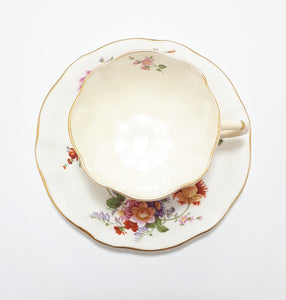Rare Wartime Production Royal Crown Derby Fine Porcelain Tea Duo – 1940 – 1945 Green Back Stamp – Derby Posies Pattern