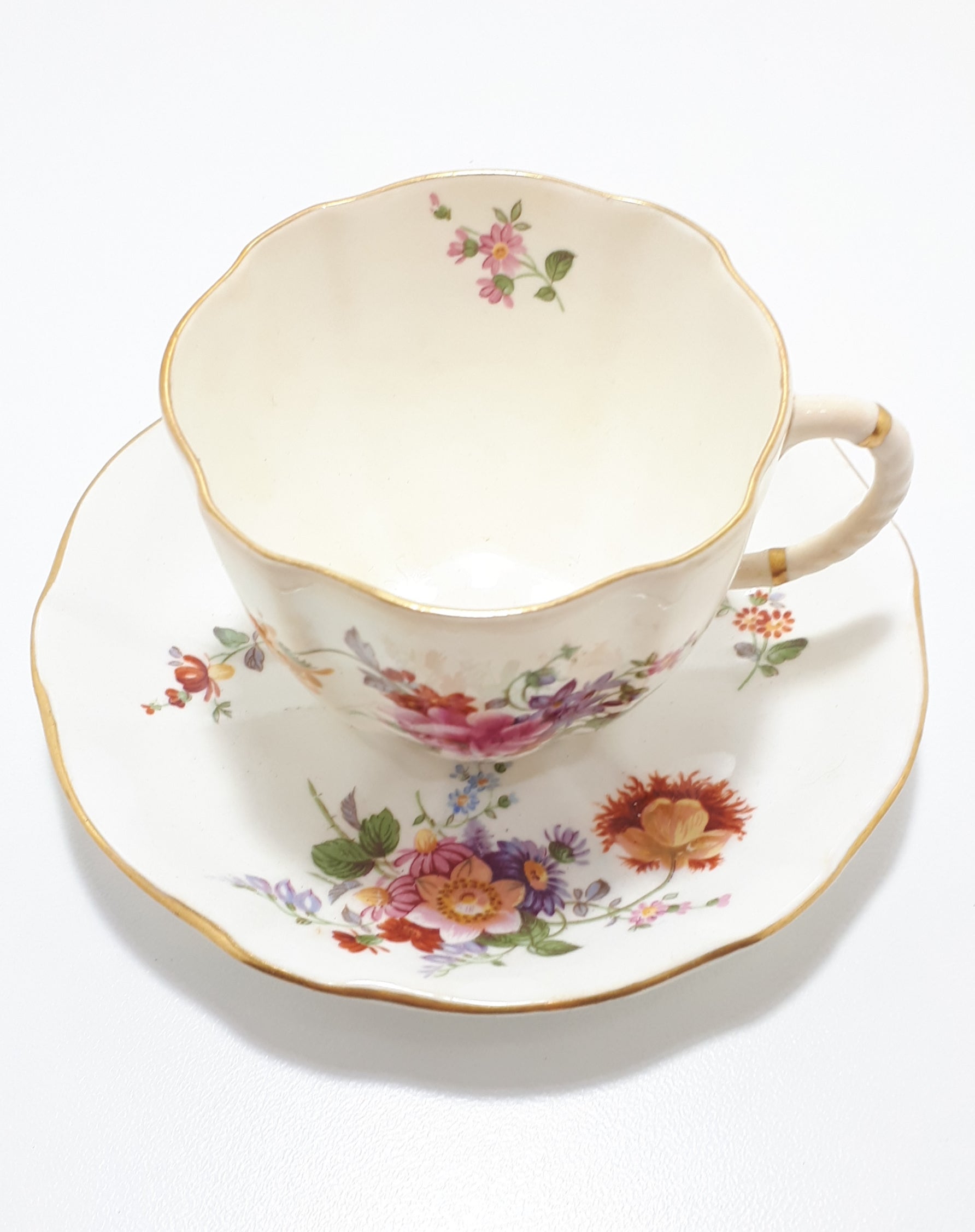 Rare Wartime Production Royal Crown Derby Fine Porcelain Tea Duo – 1940 – 1945 Green Back Stamp – Derby Posies Pattern