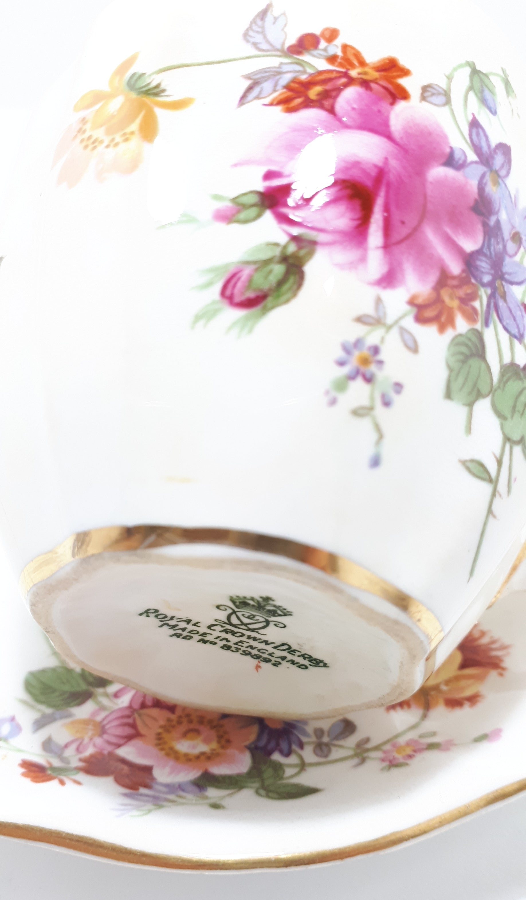 Rare Wartime Production Royal Crown Derby Fine Porcelain Tea Duo – 1940 – 1945 Green Back Stamp – Derby Posies Pattern