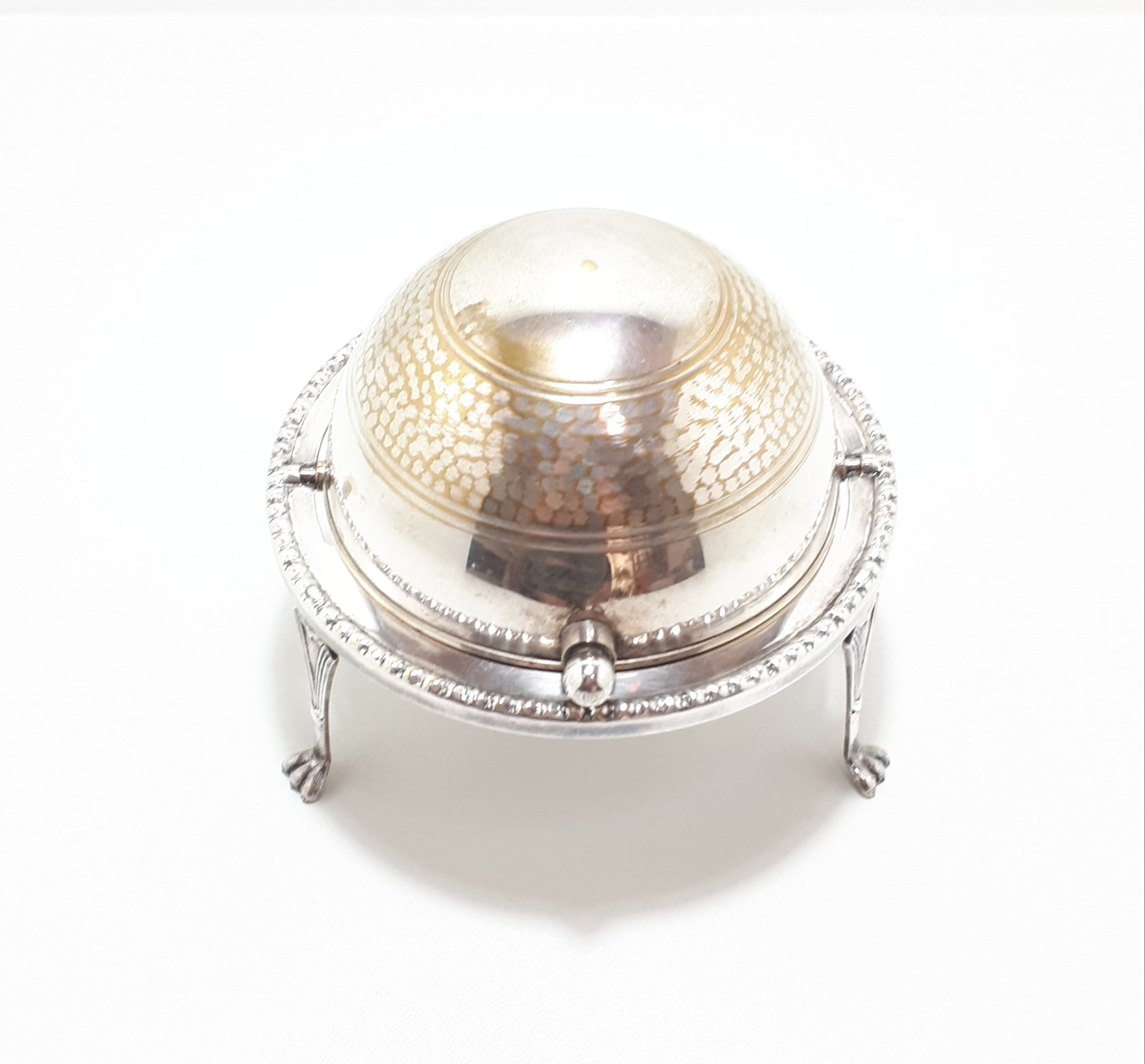 Vintage Silver Plated Roll Top Caviar / Butter Dish With Paw Feet