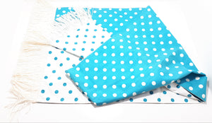 Contemporary Reversible Blue & White Polka Dot Table Runner With Raffia Tassels