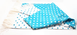 Contemporary Reversible Blue & White Polka Dot Table Runner With Raffia Tassels