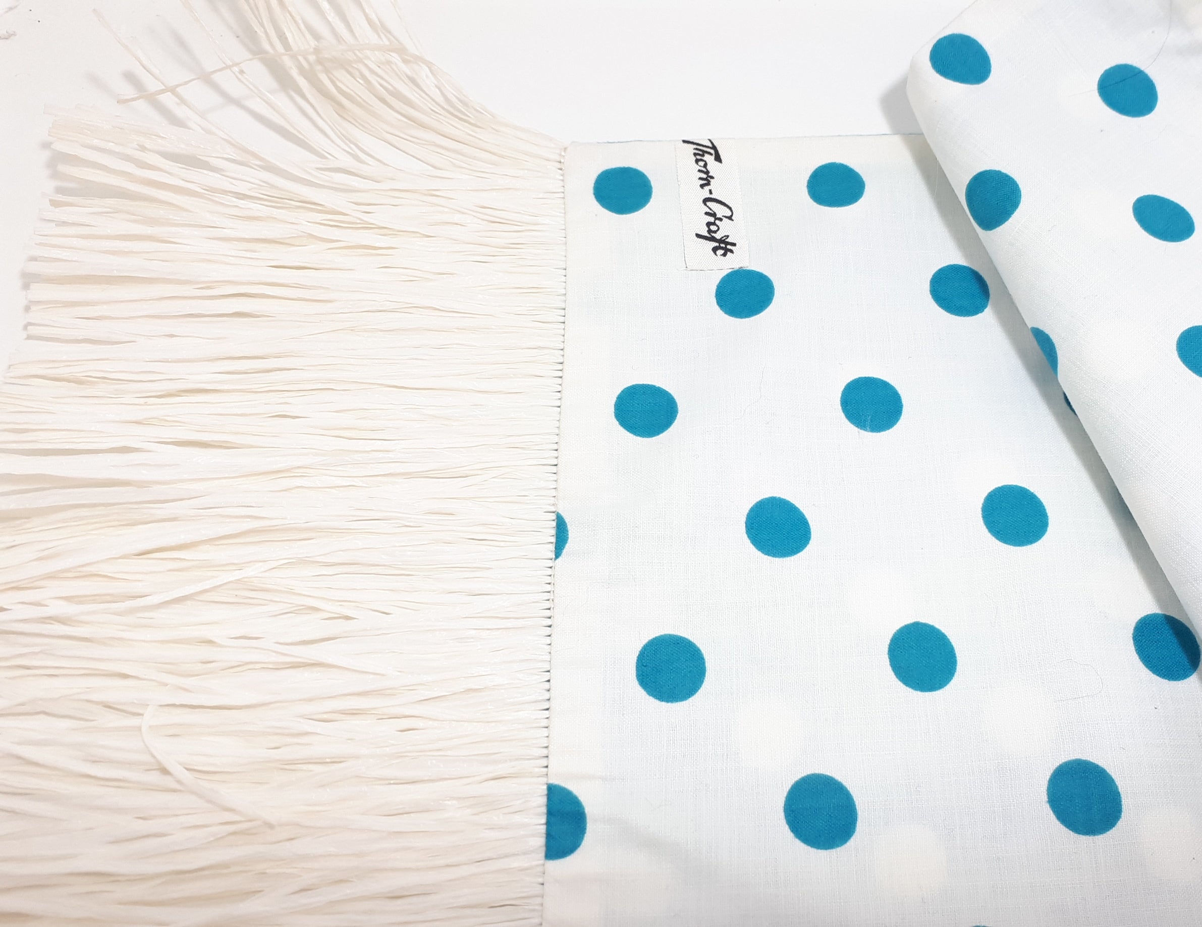 Contemporary Reversible Blue & White Polka Dot Table Runner With Raffia Tassels