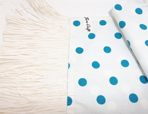 Contemporary Reversible Blue & White Polka Dot Table Runner With Raffia Tassels