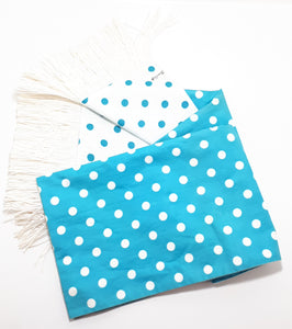 Contemporary Reversible Blue & White Polka Dot Table Runner With Raffia Tassels