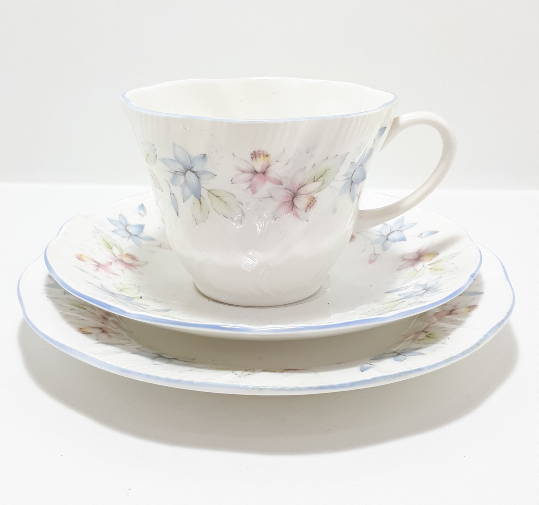 Elegant & Beautiful Soft Pastel Queen’s Fine Bone China Tea Trio – Claire Pattern