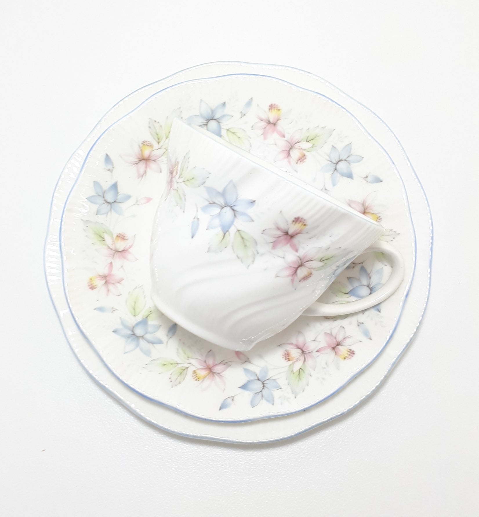 Elegant & Beautiful Soft Pastel Queen’s Fine Bone China Tea Trio – Claire Pattern