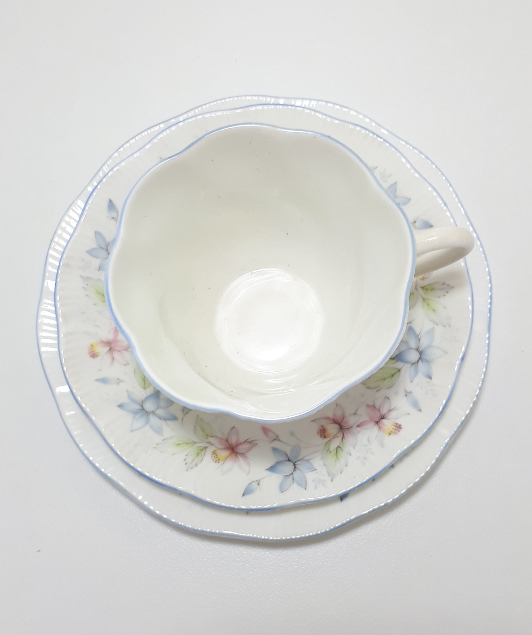 Elegant & Beautiful Soft Pastel Queen’s Fine Bone China Tea Trio – Claire Pattern