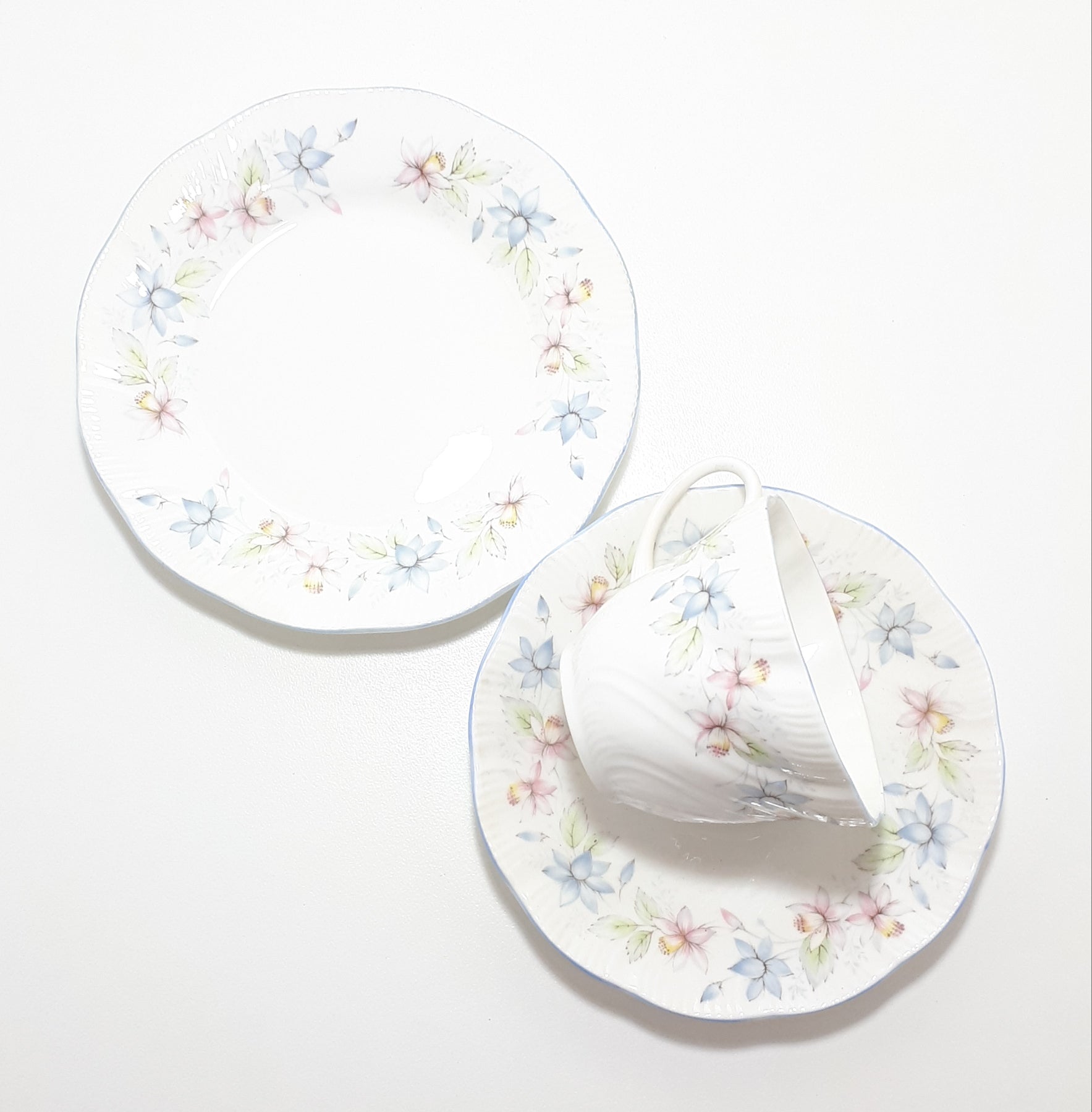Elegant & Beautiful Soft Pastel Queen’s Fine Bone China Tea Trio – Claire Pattern