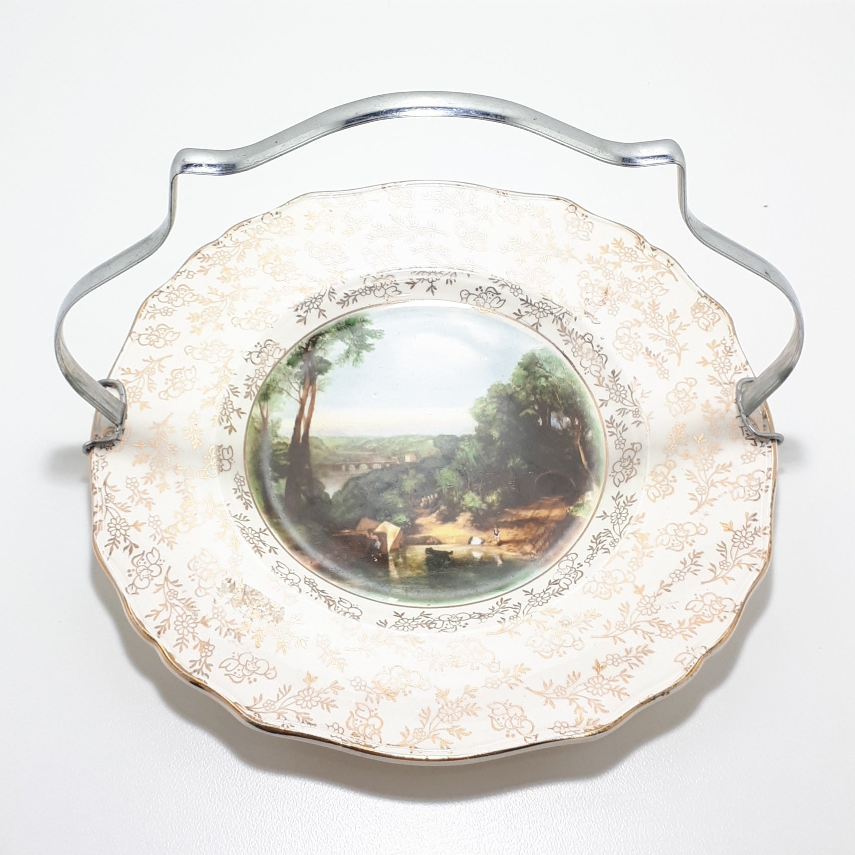 1940’s James Kent Ltd., Longton, Fine Porcelain “Crossing The Brook by Turner” Biscuit Plate With Removable Handle