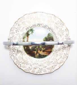 1940’s James Kent Ltd., Longton, Fine Porcelain “Crossing The Brook by Turner” Biscuit Plate With Removable Handle