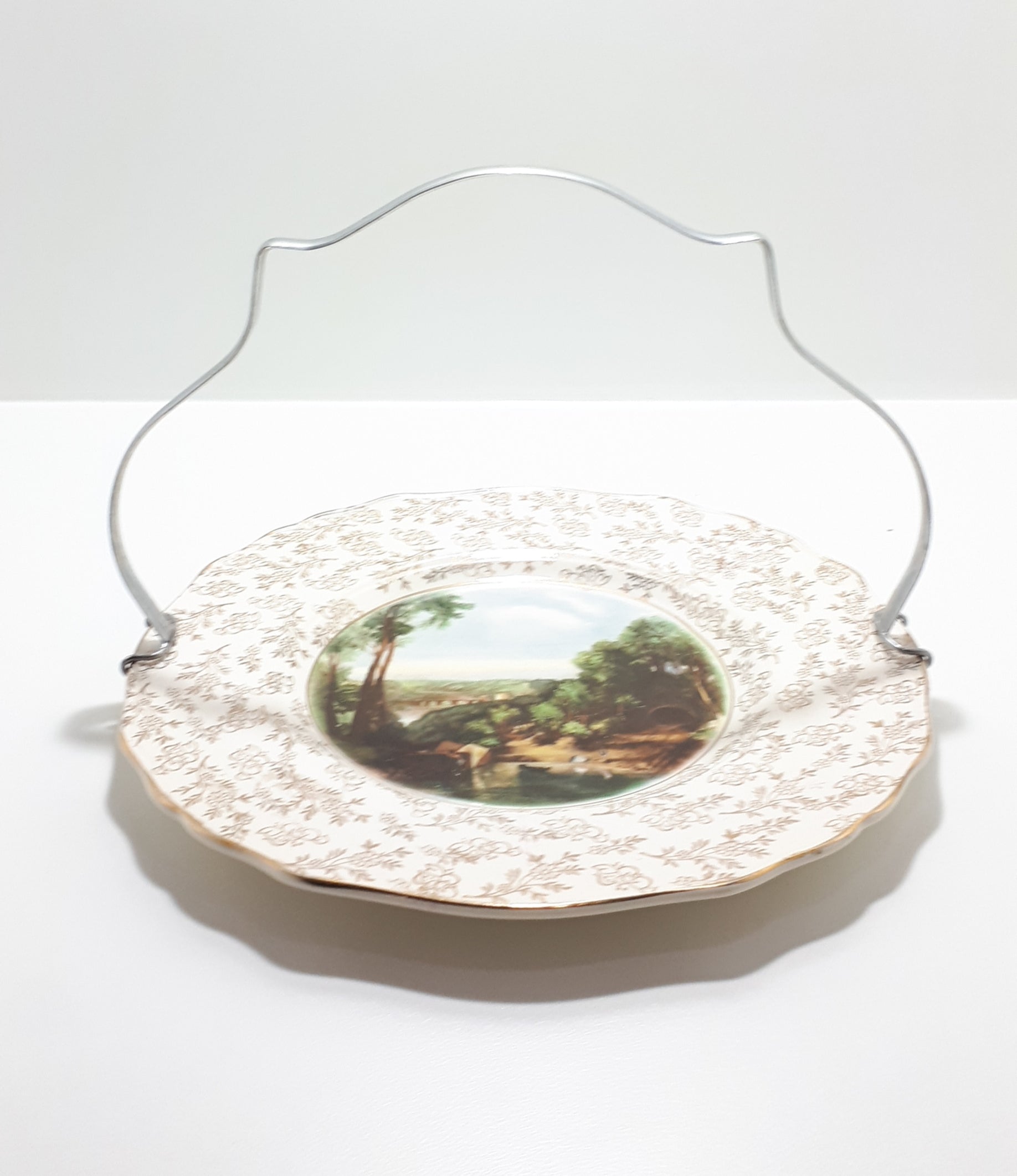 1940’s James Kent Ltd., Longton, Fine Porcelain “Crossing The Brook by Turner” Biscuit Plate With Removable Handle