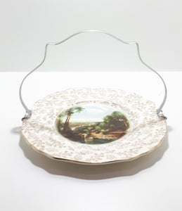 1940’s James Kent Ltd., Longton, Fine Porcelain “Crossing The Brook by Turner” Biscuit Plate With Removable Handle