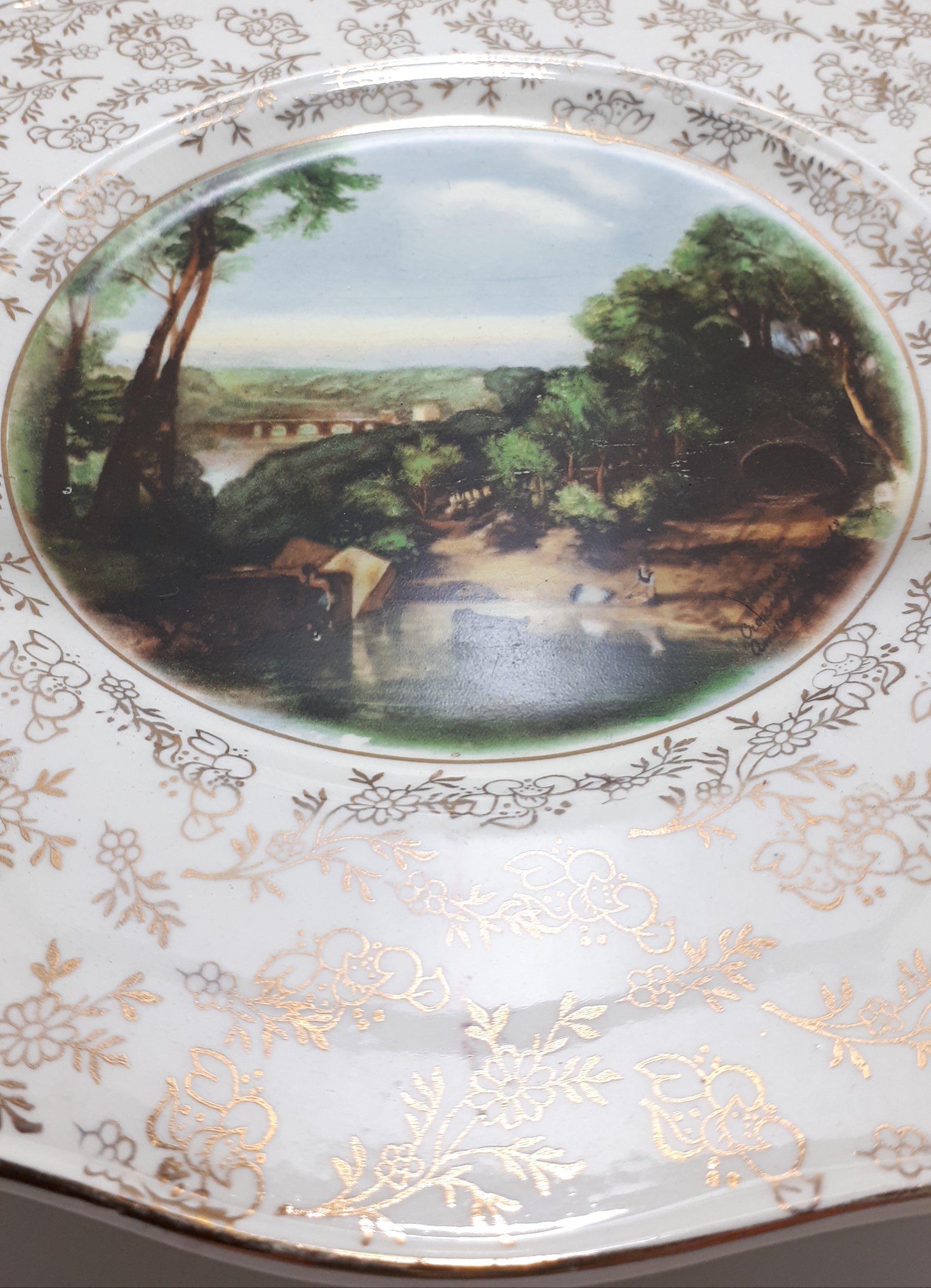 1940’s James Kent Ltd., Longton, Fine Porcelain “Crossing The Brook by Turner” Biscuit Plate With Removable Handle