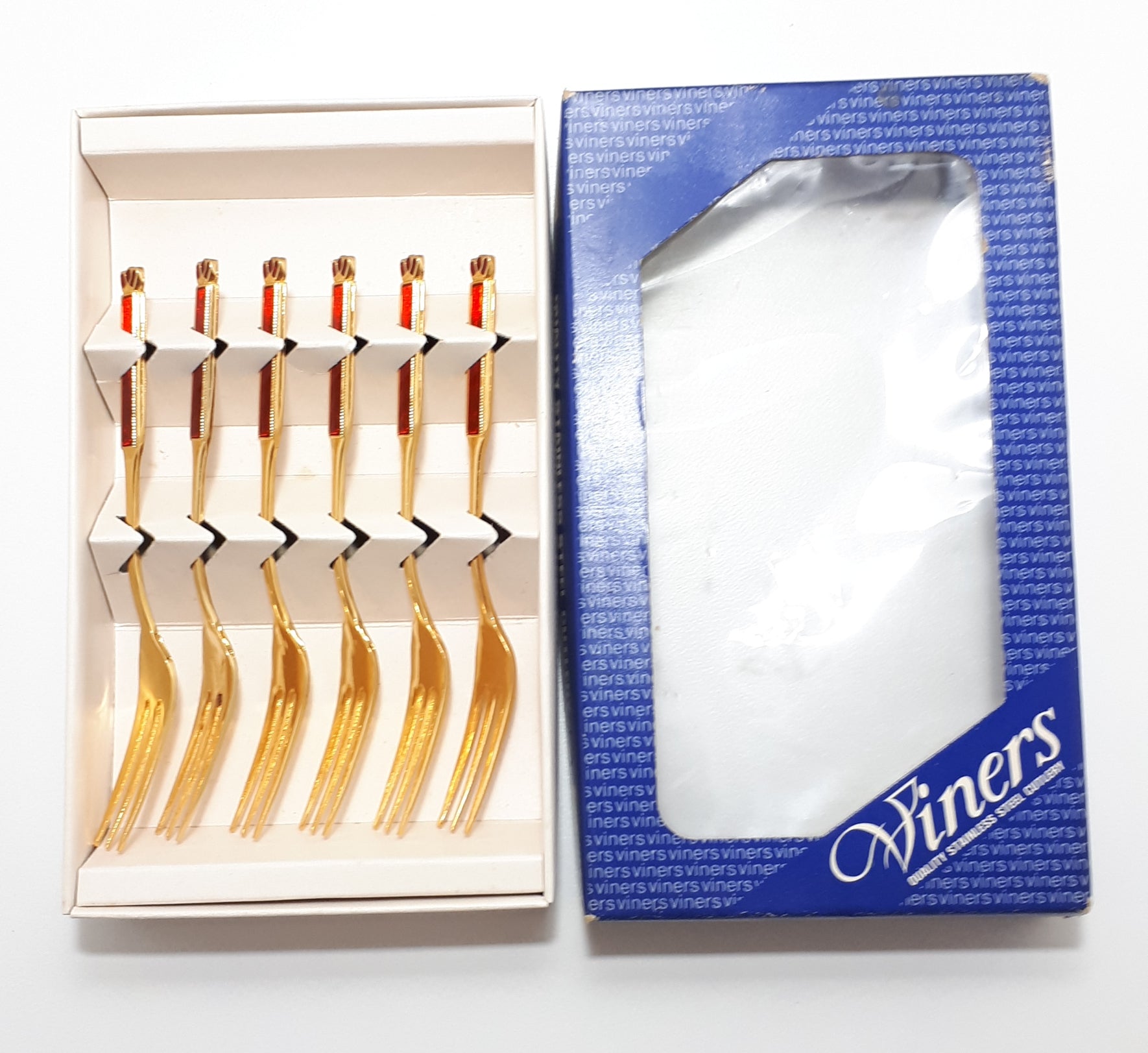 Viners Quality Stainless Steel 24 Ct Gold Plated Unused Set Of 6 Cake Forks - Eetrite
