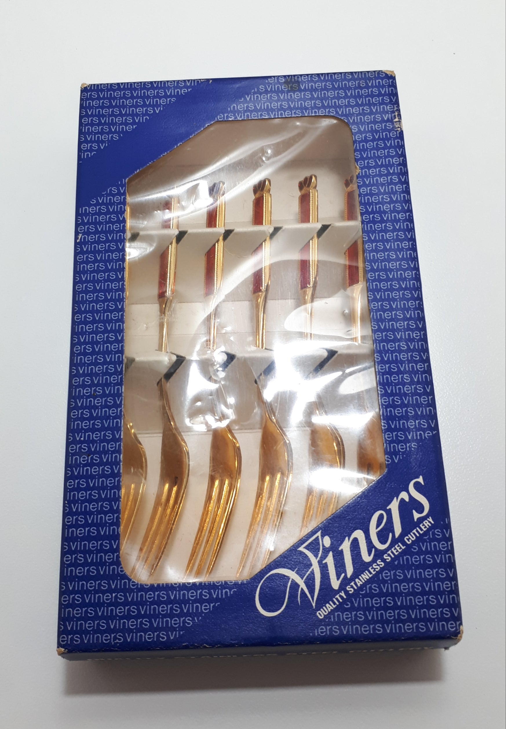 Viners Quality Stainless Steel 24 Ct Gold Plated Unused Set Of 6 Cake Forks - Eetrite