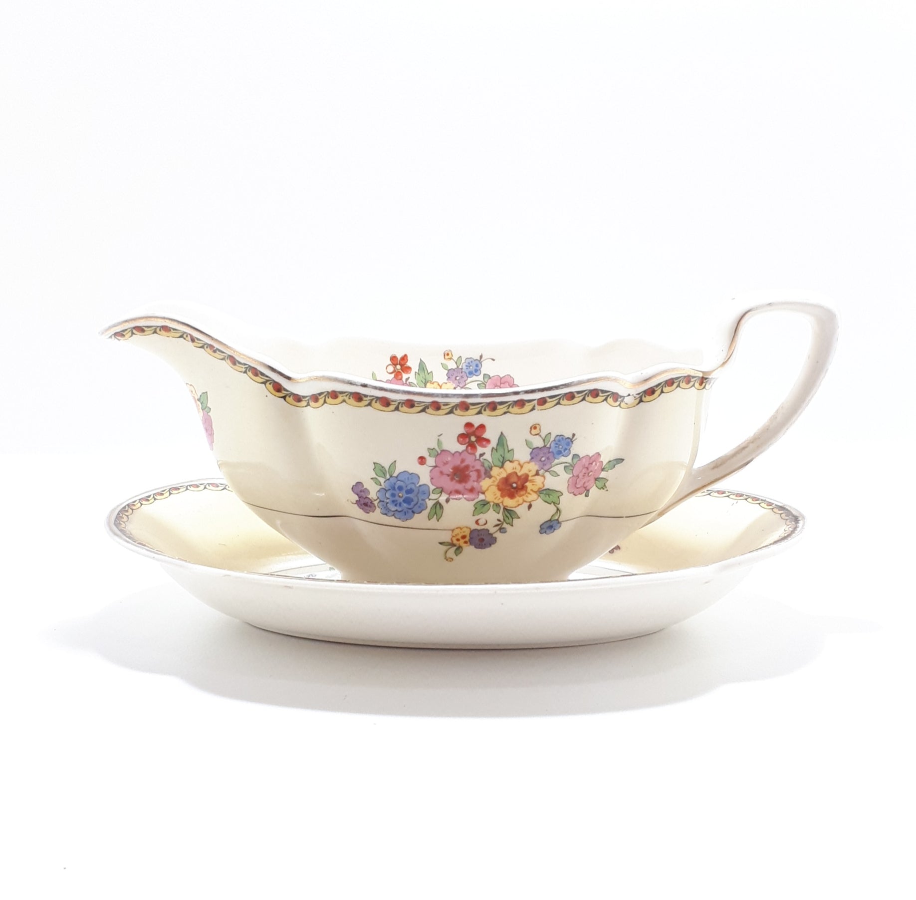 1920’s Antique Johnson Bros. “Pareek” Range Porcelain Gravy Boat & Tray – Rare Lombardy Pattern
