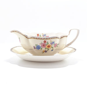 1920’s Antique Johnson Bros. “Pareek” Range Porcelain Gravy Boat & Tray – Rare Lombardy Pattern