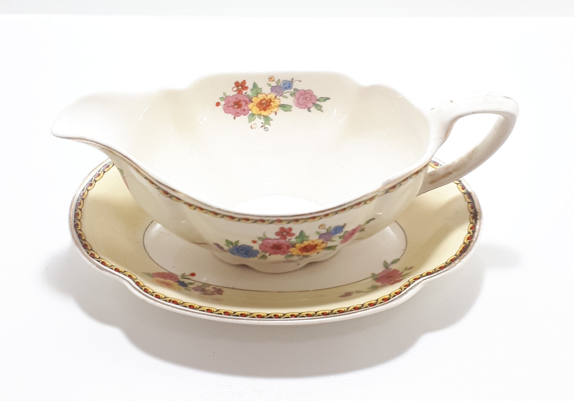 1920’s Antique Johnson Bros. “Pareek” Range Porcelain Gravy Boat & Tray – Rare Lombardy Pattern