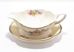 1920’s Antique Johnson Bros. “Pareek” Range Porcelain Gravy Boat & Tray – Rare Lombardy Pattern